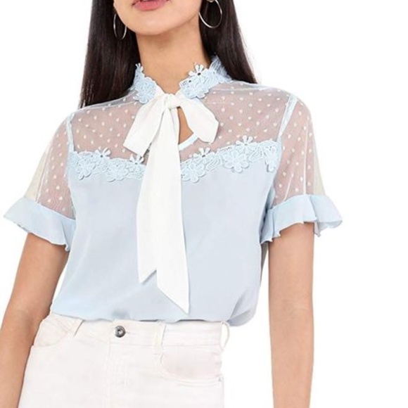 Tie Nec Mesh Patchwork Blouse Light Blue - Picture 1 of 1